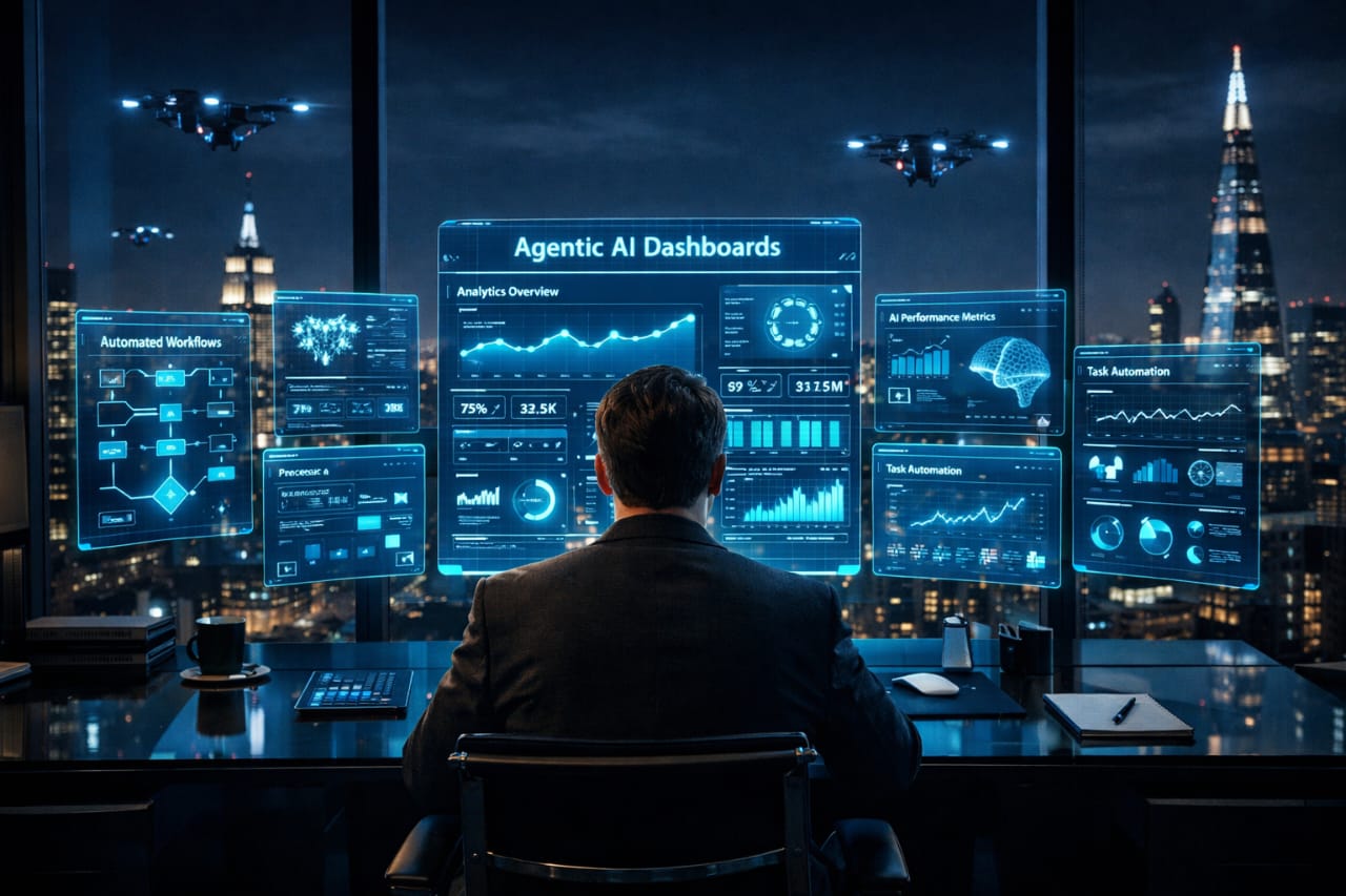 A businessman managing multiple holographic screens featuring 'Agentic AI Dashboards', automated workflows, and task automation analytics in a futuristic high-tech office overlooking a night city skyline.