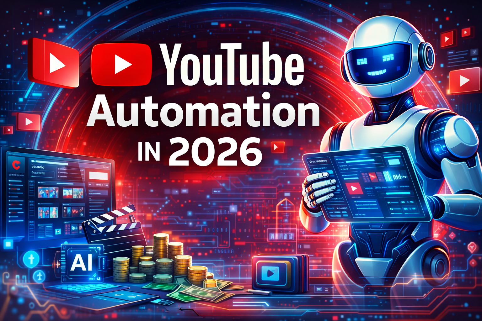 AI-powered robot managing a YouTube automation channel with analytics dashboard, money, and video production tools in 2026
