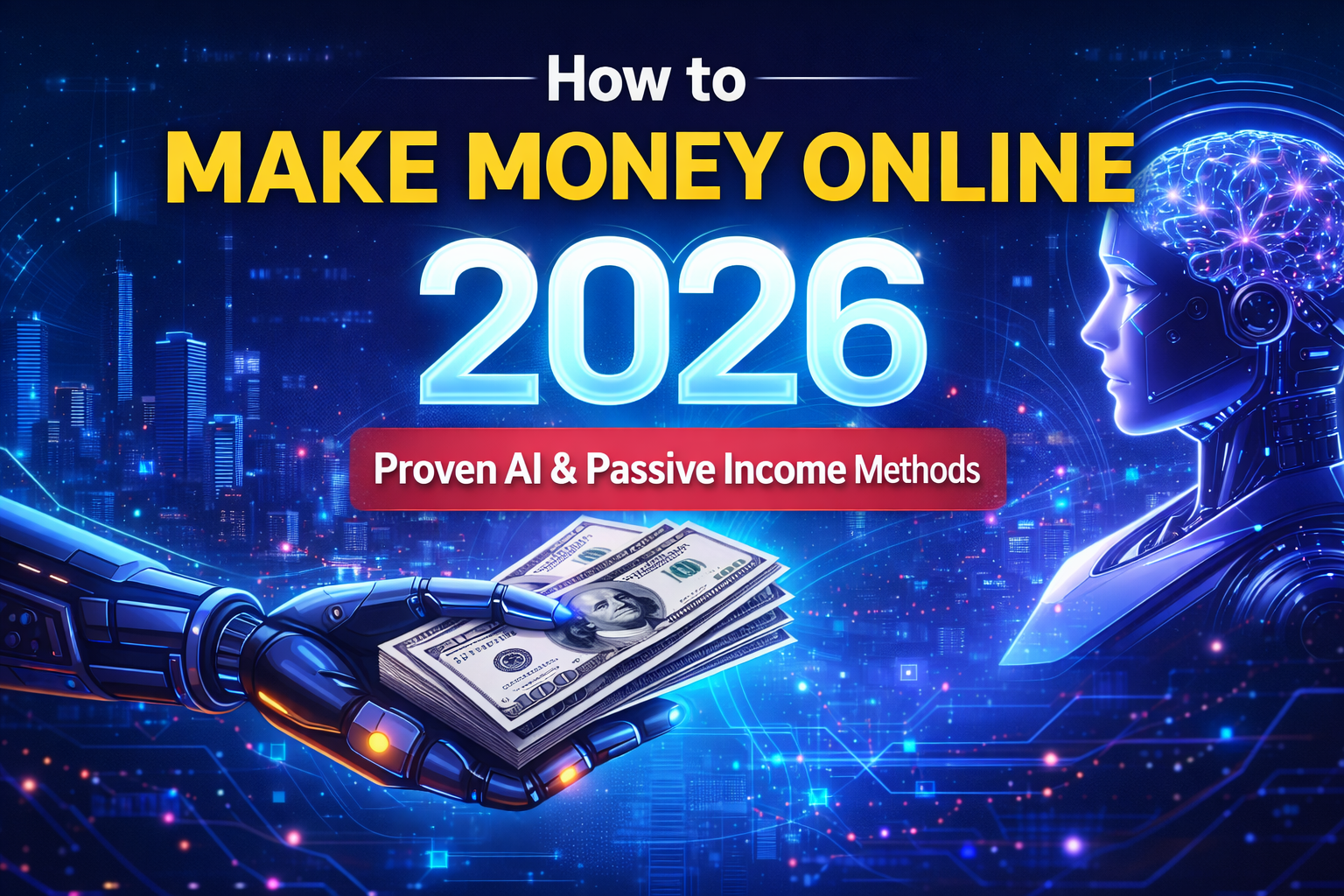 Futuristic AI robot holding cash with digital city background representing how to Make Money Online in 2026 using AI and passive income methods