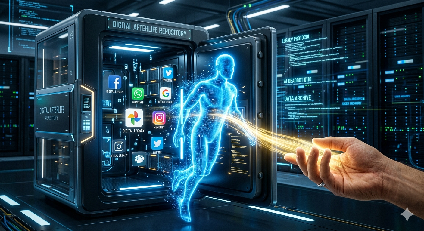 Aik futuristic image jismein aik Digital Waris ko glowing data vault se nikalte hue AI Deadbot aur social media icons ko sambhalte hue dikhaya gaya hai.