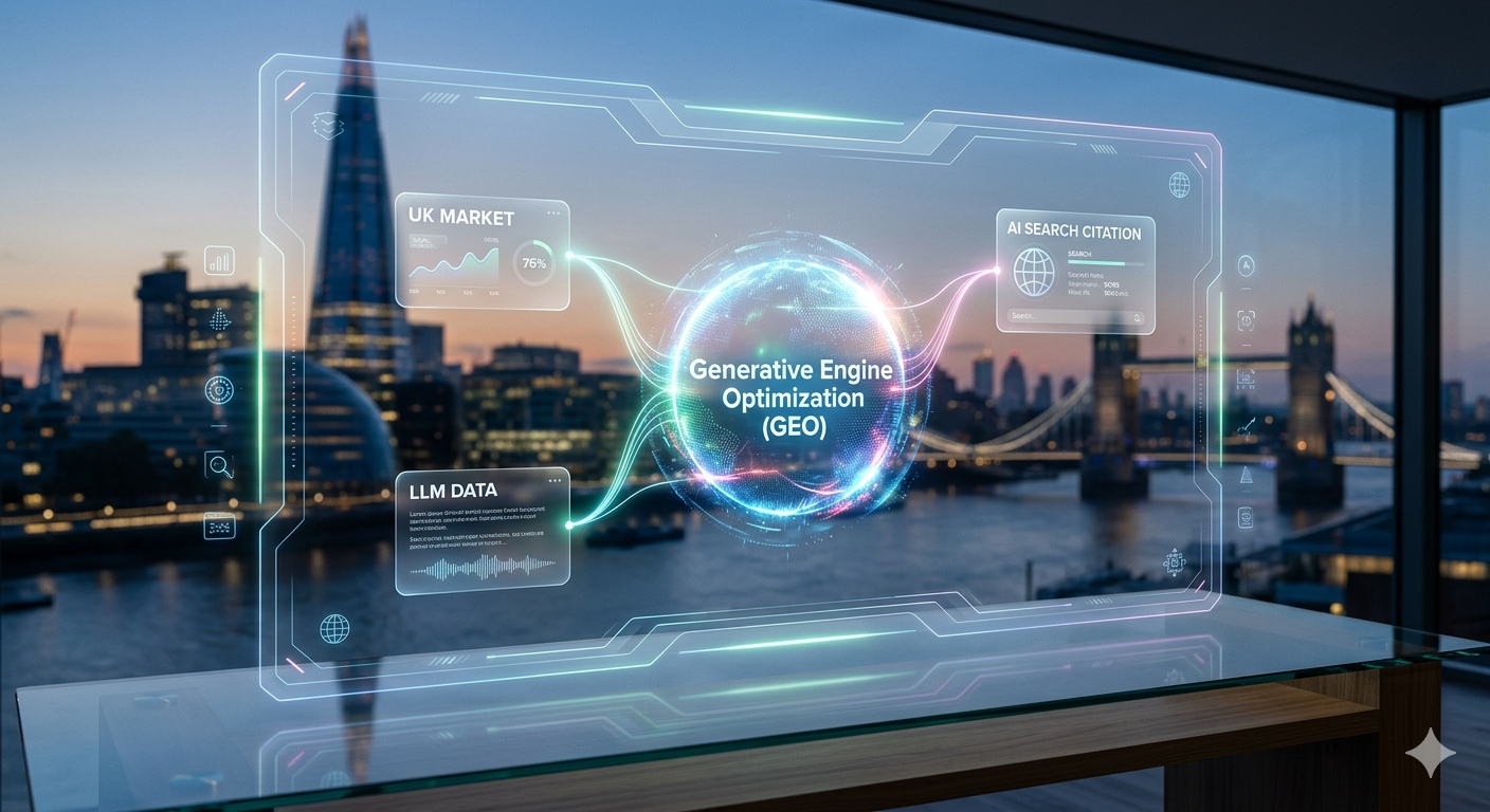 Futuristic infographic displaying Generative Engine Optimization (GEO) concepts for UK websites.