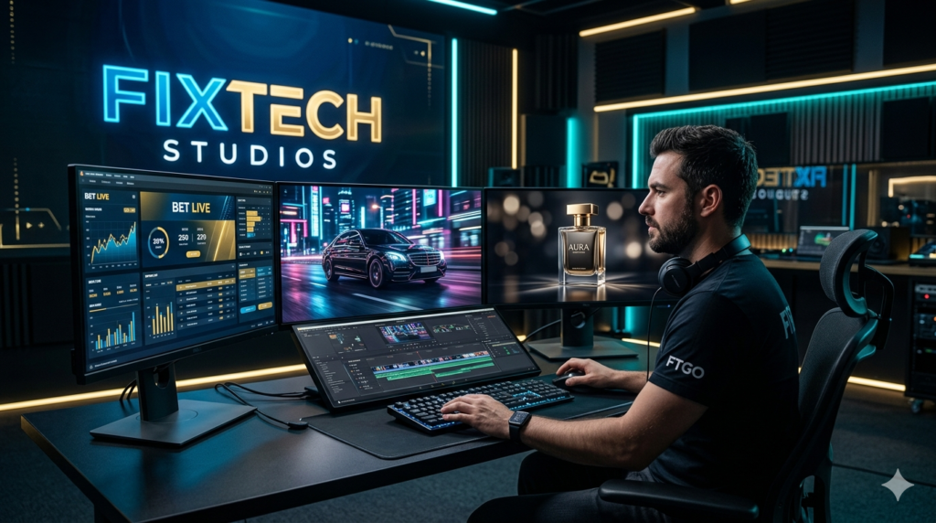 FixTech Studios professional video production studio with multi-monitor 4K screens for Cinematic Ad Agency. FTGO logo on editor's shirt. Real-time cinematic perfume, car, and gaming app ads. Hyper-realistic futuristic setting, ultra-detailed.