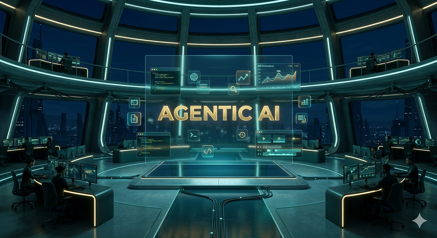 Alt Text: A futuristic AI command center featuring a holographic glass display with "Agentic AI" in gold typography, showcasing Agentic AI Solutions for Business Automation with 3D SEO graphs and coding terminals in a premium glassmorphism style.